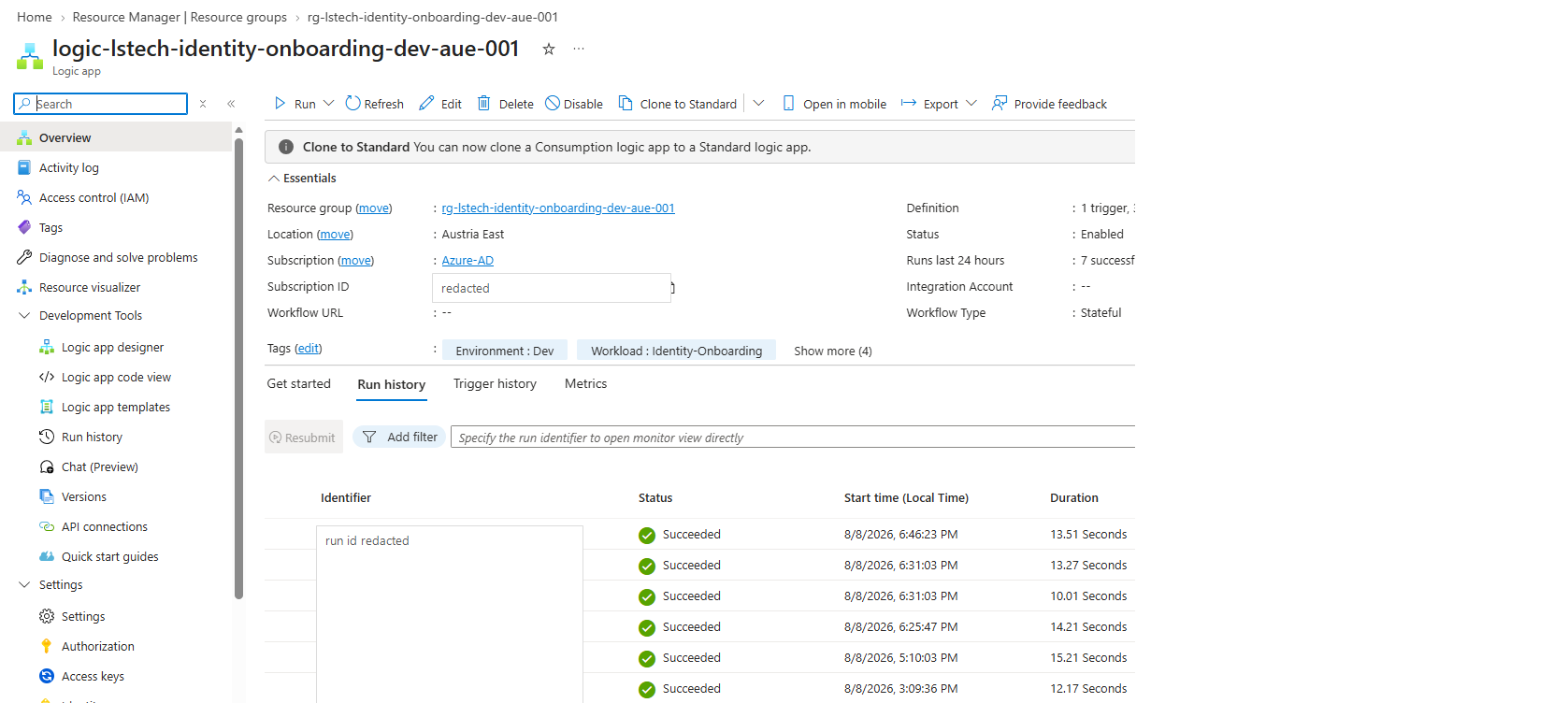 Azure Logic Apps run history showing multiple successful HR onboarding workflow runs with subscription ID and run identifiers redacted