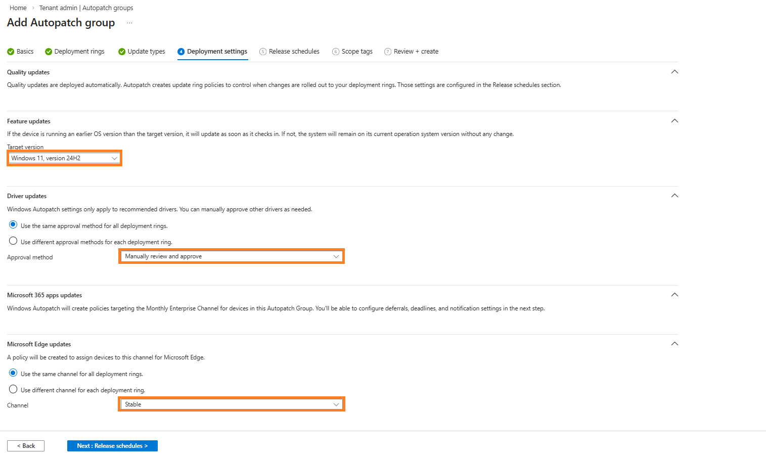 Deployment settings configuration