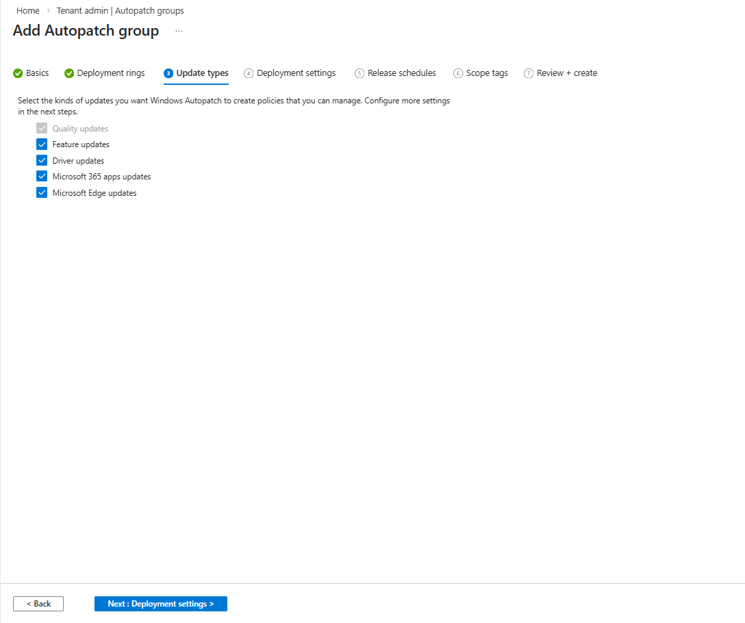 Update types selection