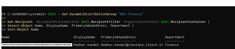 PowerShell output showing DDL members with name, email, and department