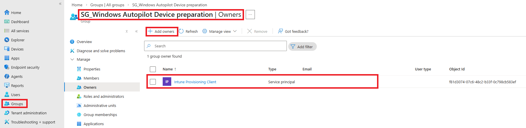 Device group with Intune provisioning-client owner