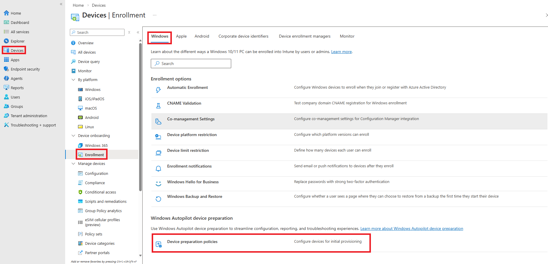 Windows enrollment options