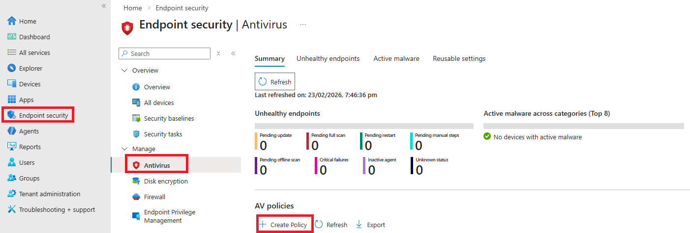 Antivirus policy configuration