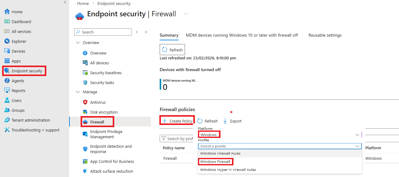 Firewall profile settings