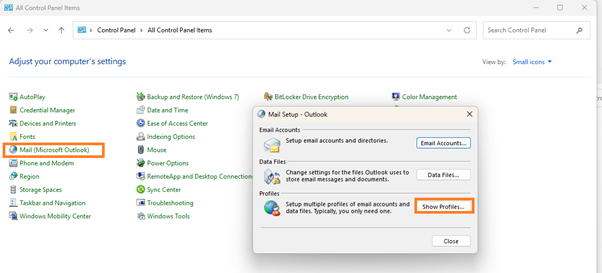 Mail options in Control Panel