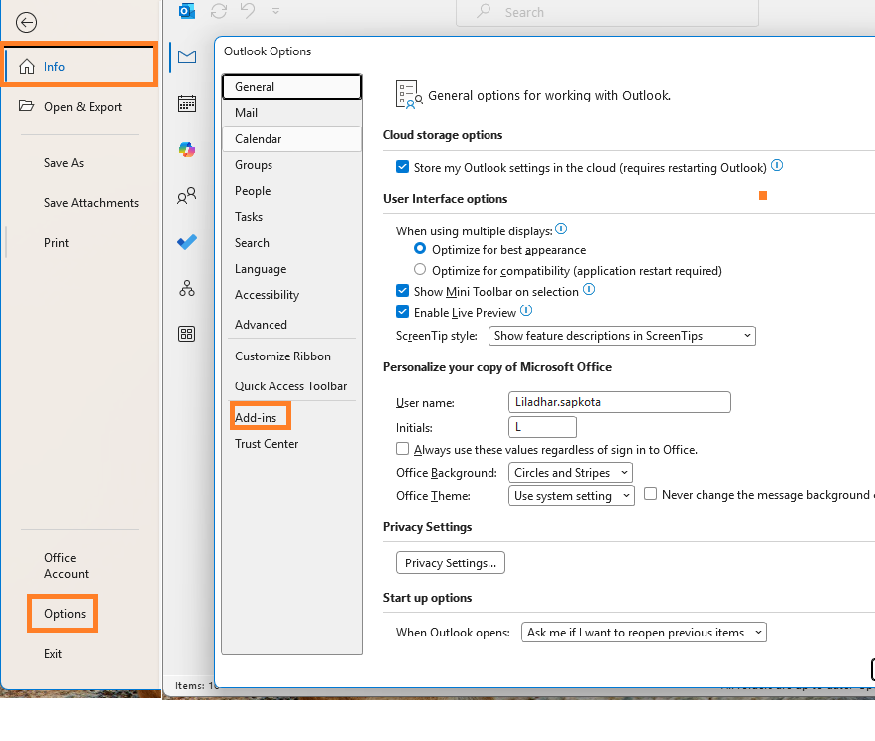 Outlook Options menu showing Add-ins section