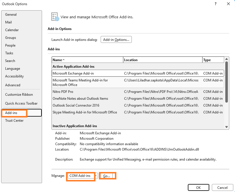 COM Add-ins management window
