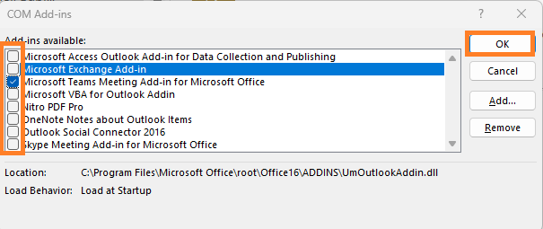 Unchecking non-Microsoft add-ins