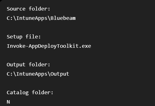 Win32 Content Prep Tool values showing source folder C IntuneApps Bluebeam setup file Invoke-AppDeployToolkit.exe and output folder C IntuneApps Output