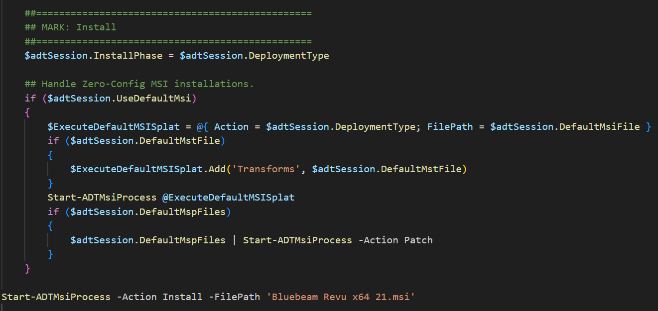 PSADT install command using Start-ADTMsiProcess Action Install with Bluebeam Revu x64 21 MSI