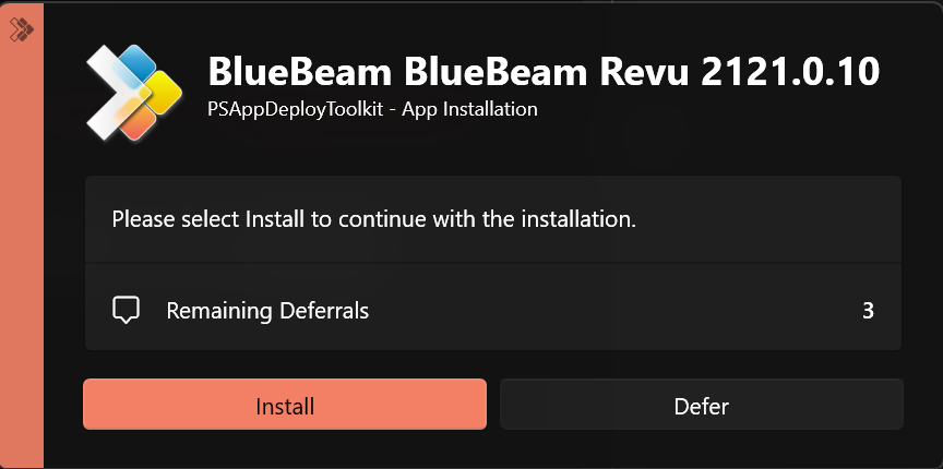 PSADT install or defer prompt for BlueBeam Revu 21 showing Install and Defer buttons