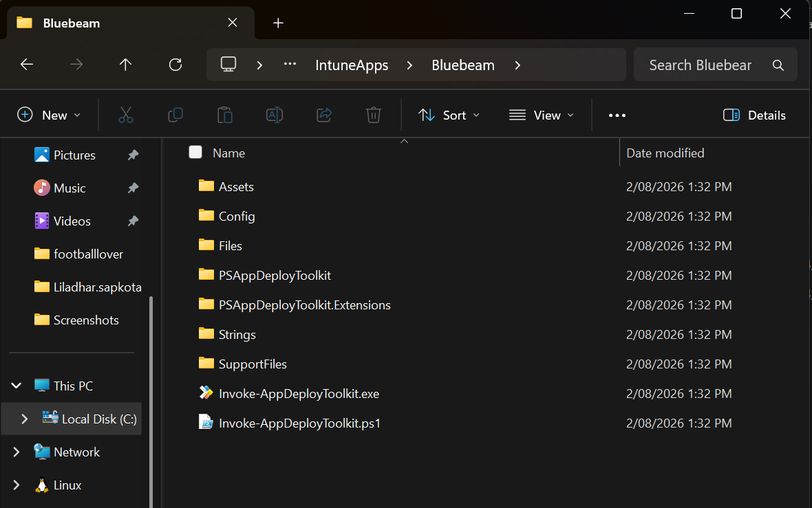 PSADT Bluebeam source folder in C IntuneApps showing Files, Config, SupportFiles, toolkit files and Invoke-AppDeployToolkit entry points