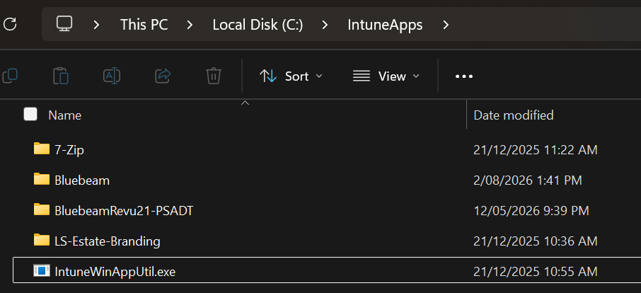 C IntuneApps folder showing Bluebeam source folder and IntuneWinAppUtil executable