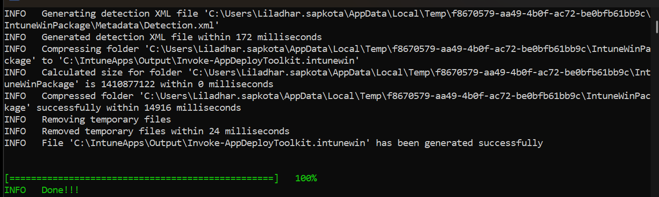 PowerShell output showing Invoke-AppDeployToolkit intunewin generated successfully in C IntuneApps Output