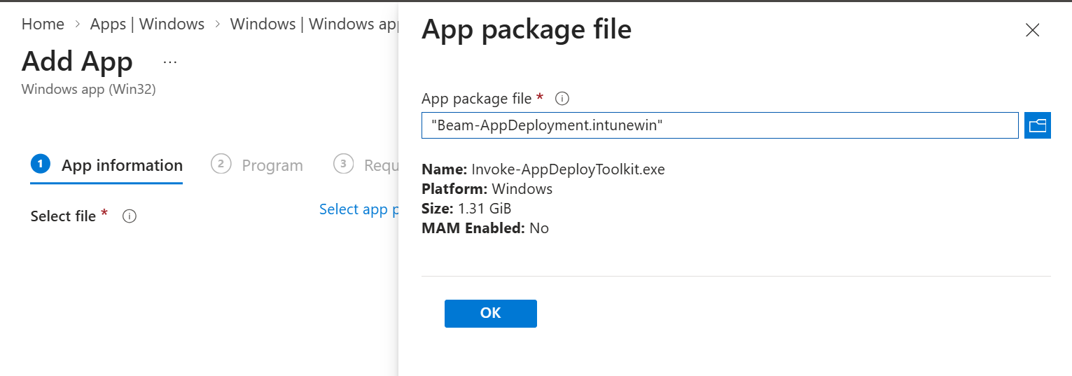 Microsoft Intune Win32 app upload screen showing Beam-AppDeployment intunewin selected and setup file Invoke-AppDeployToolkit.exe